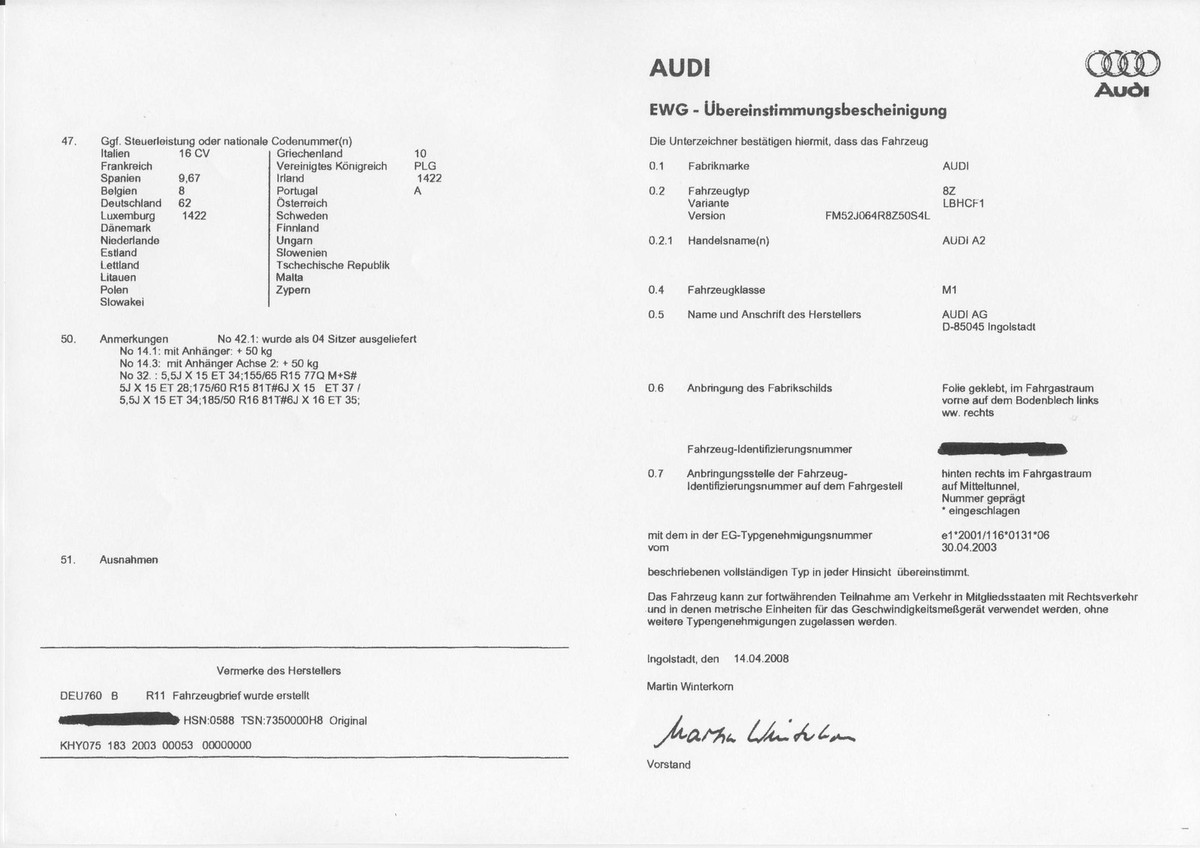 Brauchen Sie das EG-Übereinstimmungsbescheinigung CoC Audi!